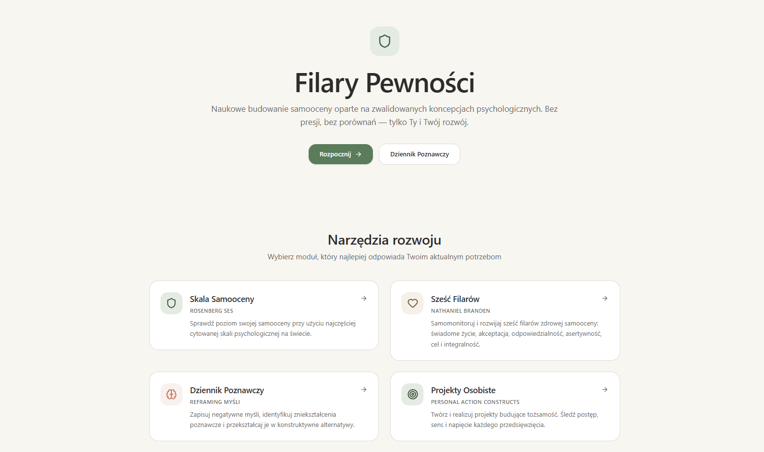 Zrzut ekranu aplikacji wspierającej pewność siebie — narzędzia rozwoju osobistego